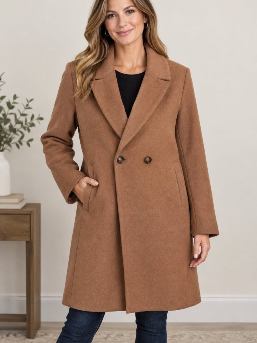 DKNY Camel Brown Double Breasted Coat Large NWT